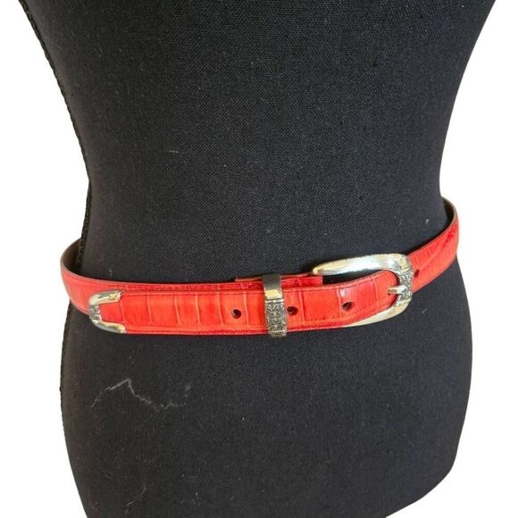 Crocodile Embossed Full Grain Red Leather Belt with Silvertone Buckle Medium - Picture 1 of 11